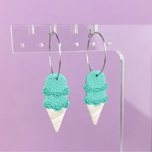 Festive Ice Cream Cones Handmade Polymer Clay Dangle Hoop Earrings